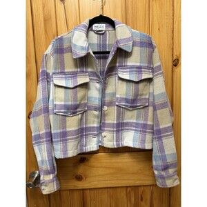 FOR THE REPUBLIC Classic Short Jacket in Purple Blue Plaid Women's Size M